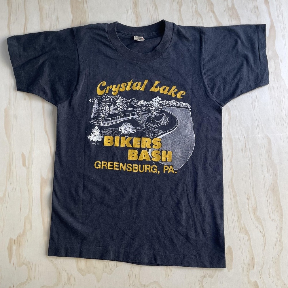 Vintage 80s Screen Stars Crystal Lake Shirt Mens Small Black Bikers Bash T-Shirt